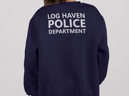 A navy blue sweatshirt with the text 'LOG HAVEN POLICE DEPARTMENT' printed in silver on the back.