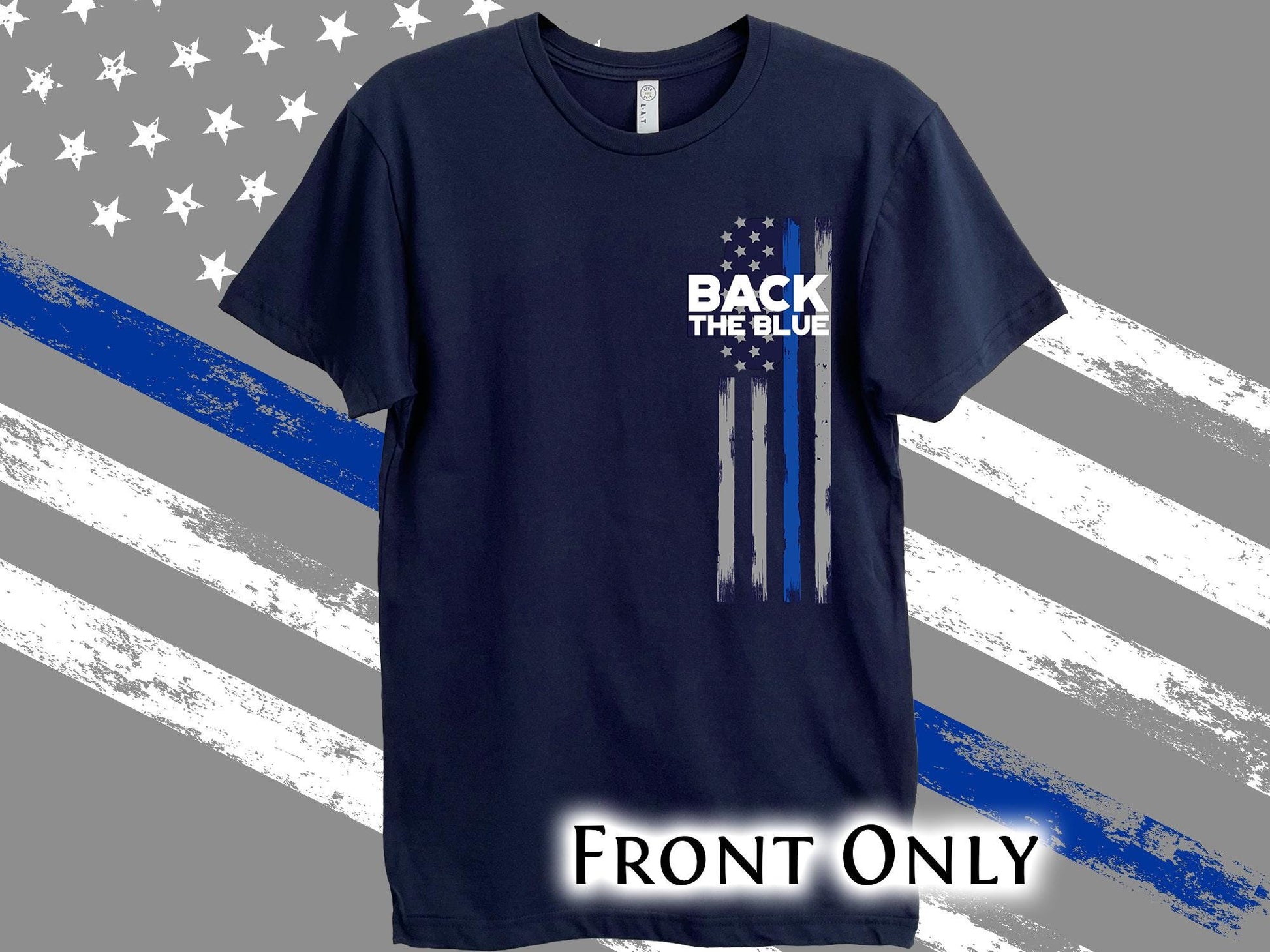 A navy blue t-shirt with a thin blue line American flag design and the text 'Back the Blue' printed on the front.