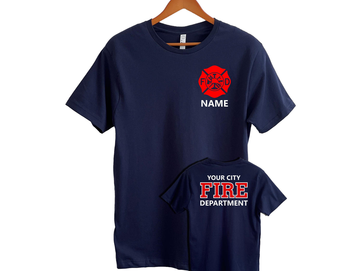 Navy blue short sleeve unisex t-shirt in adult sizes with custom red Maltese Cross on the front. The person's name is under the Maltese Cross. An image of the back of the shirt shows a custom fire department name and "Fire" and "Department" underneath.