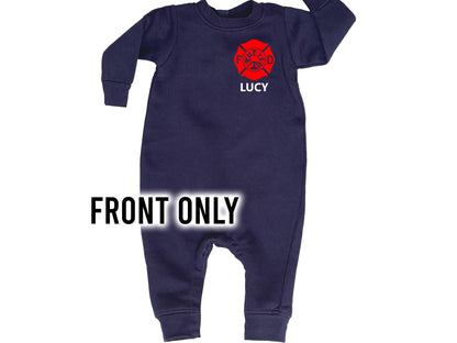 Firefighter Baby Fleece One Piece Bodysuit with Maltese Cross and Personalized Name - Optional Fire Department on Back