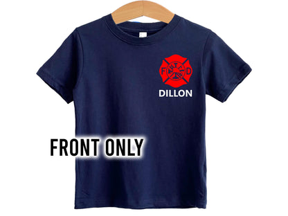 Front view of navy t-shirt with red Maltese Cross on the left chest and custom name underneath. Front only.