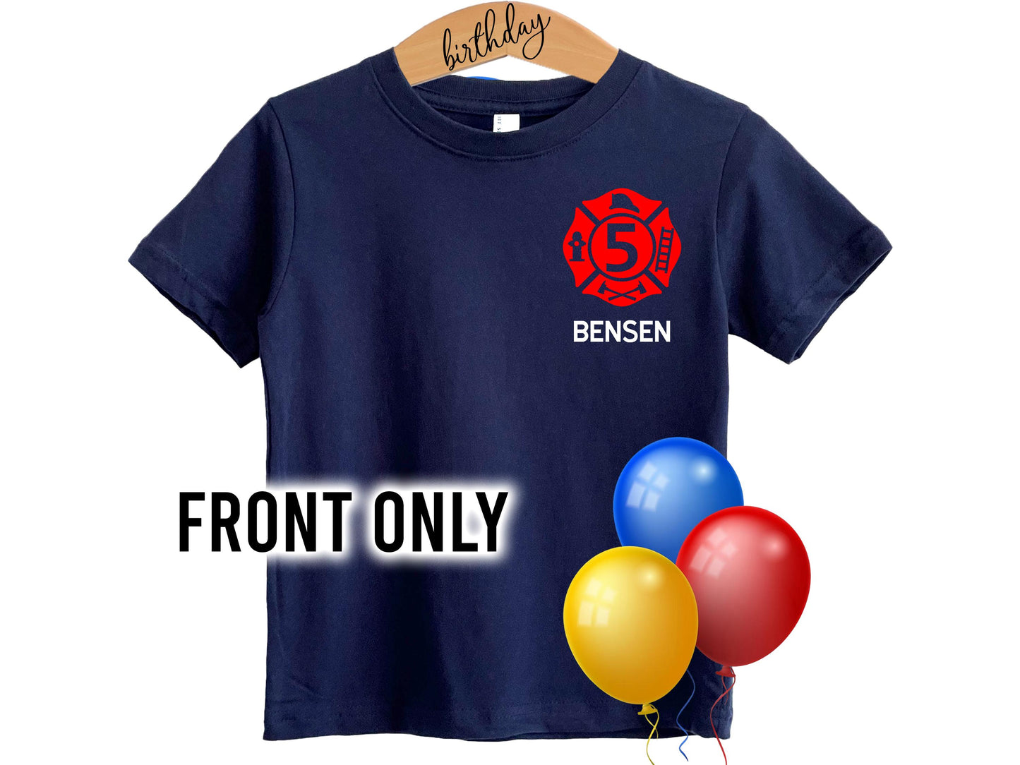 Front view of the navy blue children's t-shirt displaying a red Maltese Cross with a custom age number and the child's name beneath