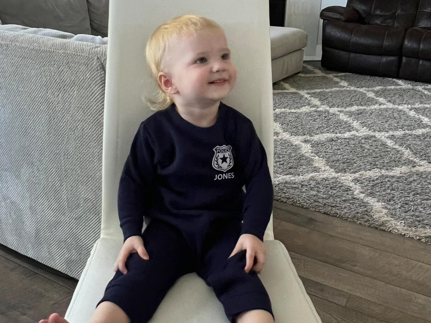 Baby Police Fleece One Piece Bodysuit with Badge and Personalized Name - Optional Police Department on Back