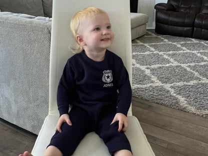 Baby Police Fleece One Piece Bodysuit with Badge and Personalized Name - Optional Police Department on Back