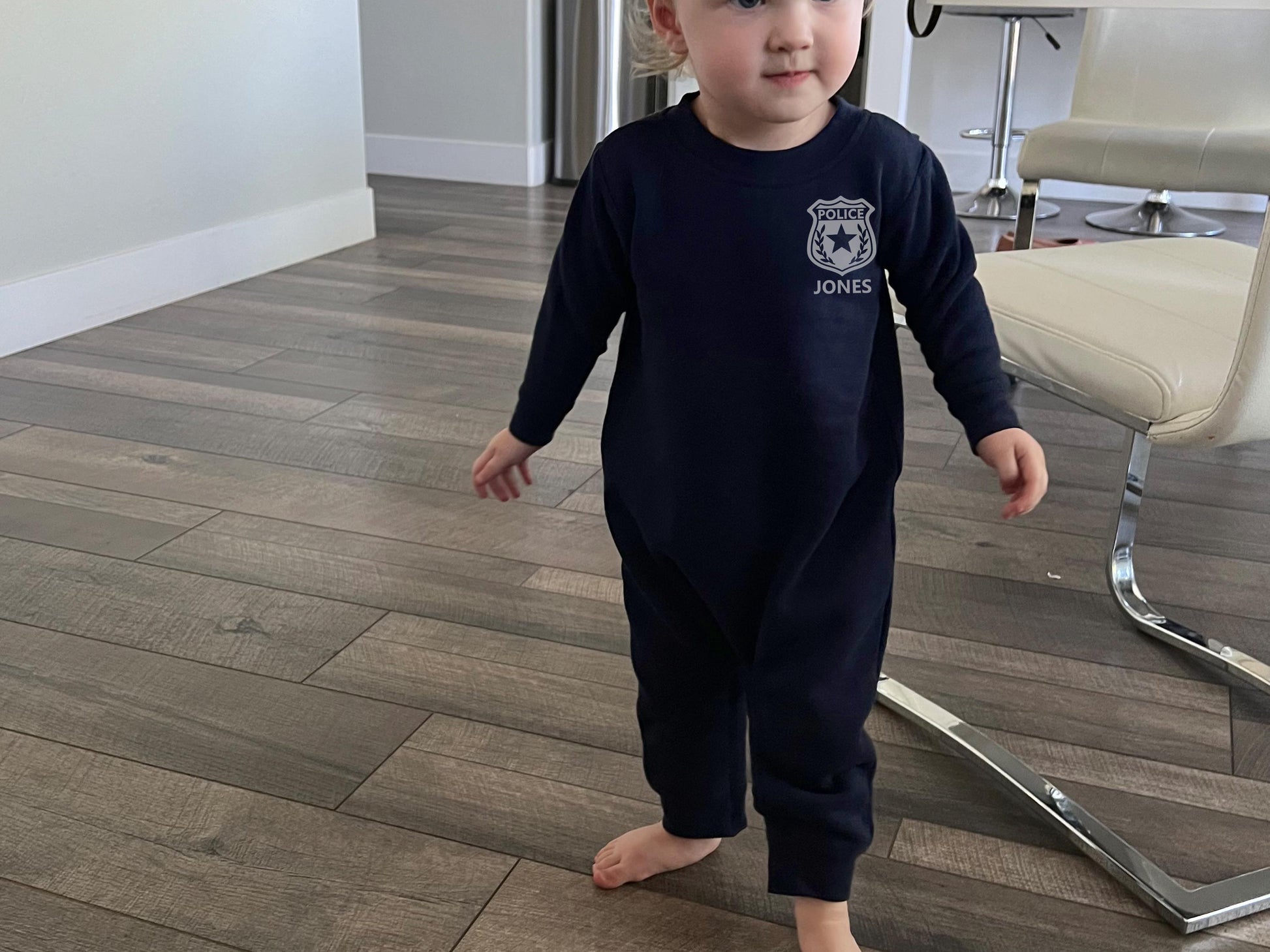 Baby Police Fleece One Piece Bodysuit with Badge and Personalized Name - Optional Police Department on Back