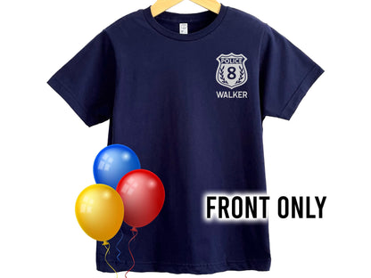 Navy blue short sleeve T-shirt with a silver police badge with the number '8' inside and the name 'WALKER' below it in silver text.