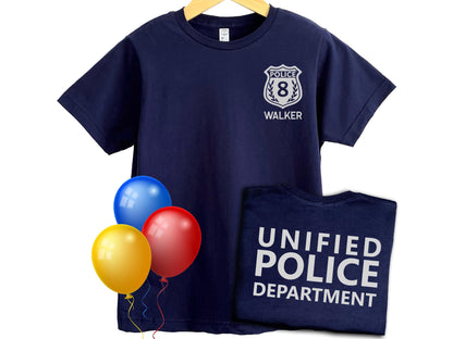 Navy blue t-shirt with silver police badge on left chest with the number 8 and the name 'WALKER' underneath in silver text. The shirt back has the text 'UNIFIED POLICE DEPARTMENT' in silver text.