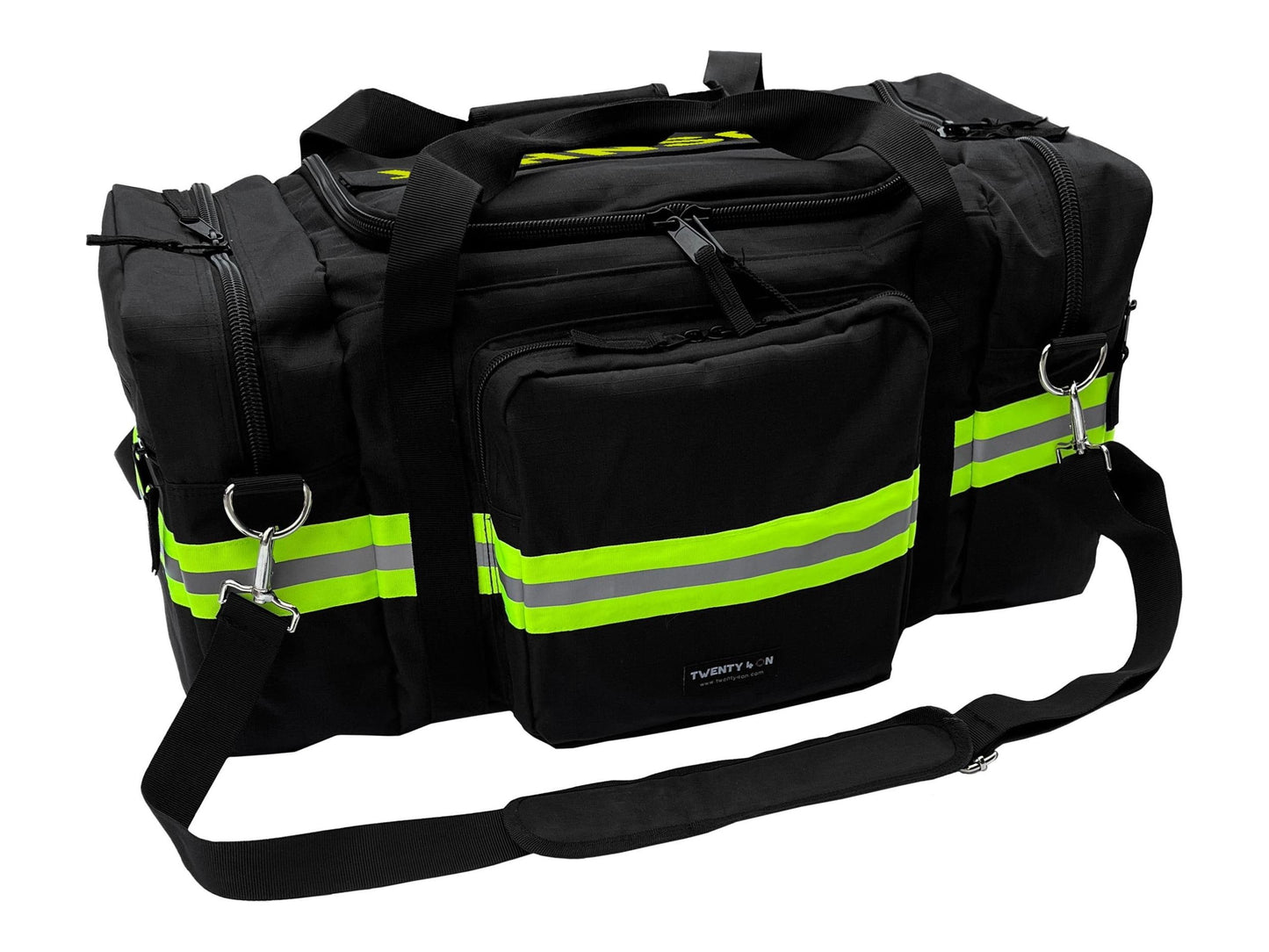 Black firefighter-style duffel bag with bright yellow and gray reflective stripes across the front and sides. The main image shows the bag with multiple zippered compartments, sturdy handles, and an adjustable shoulder strap. Ideal for first responders, gym use, or travel.