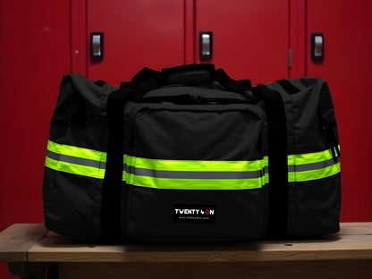 Black firefighter gear bag with yellow and silver reflective trim. Bag fits on a bench in front of red lockers.
