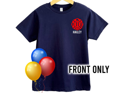 Firefighter Birthday Youth T-Shirt with Maltese Cross, Age, and Name - Optional Fire Department on Back
