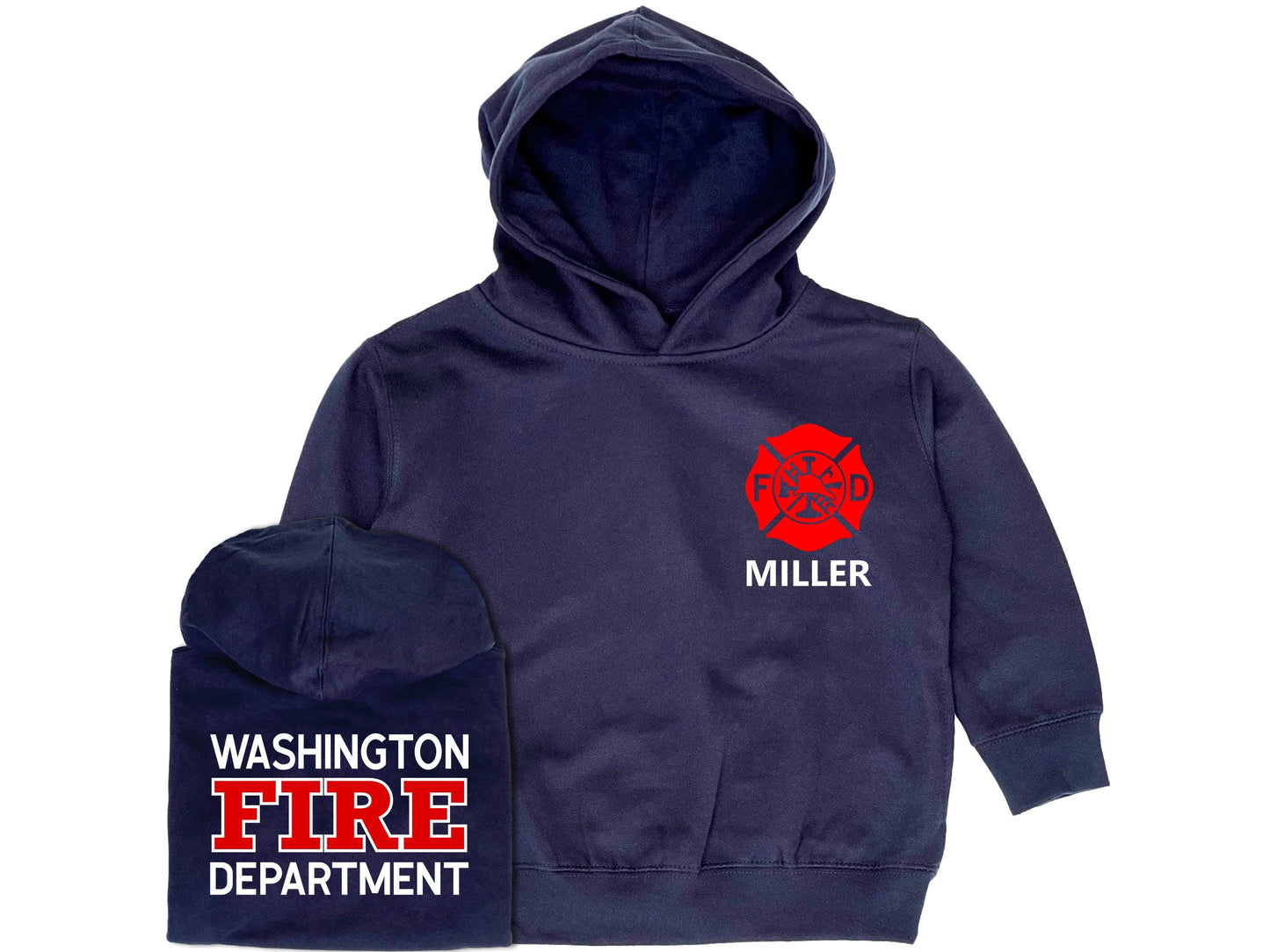 Navy blue hooded sweatshirt in children sizes with custom red Maltese Cross on the front.  The child's name is under the Maltese Cross. The back of the hoodie shows a custom fire department name with "Fire" and "Department" underneath. The sweatshirt has hidden side pockets to keep hands warm.