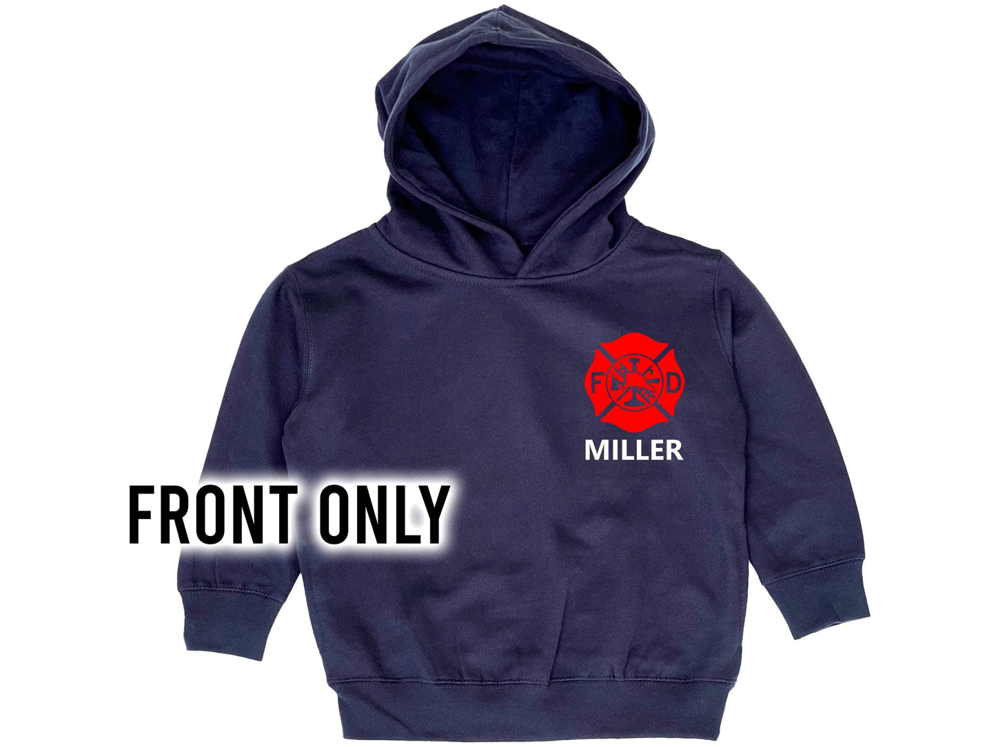 Front view of Navy blue hoodie with red Maltese Cross on left chest and personalized name underneath in white text. Hidden pockets for the hands on both sides of the hoodie.