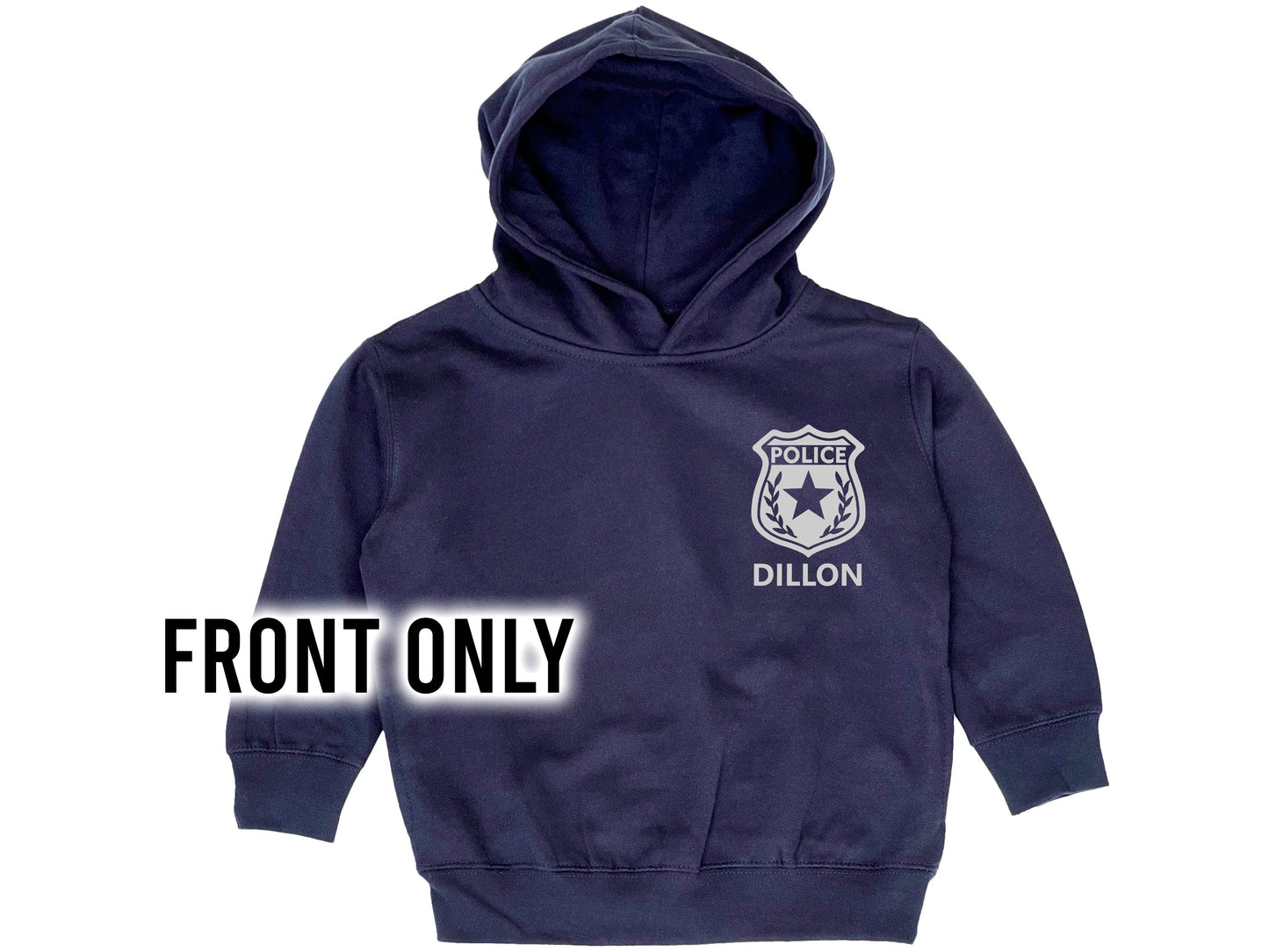 Front view of navy fleece hoodie with silver police badge on left chest and the name "Watson" underneath in silver text.
