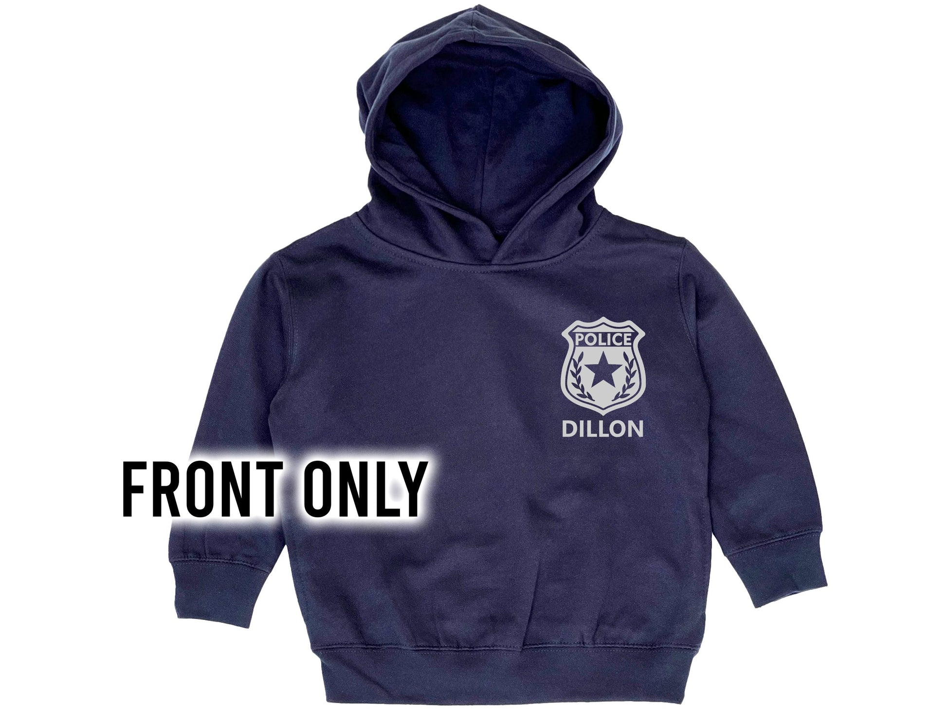 Front view of navy fleece hoodie with silver police badge on left chest and the name "Watson" underneath in silver text.