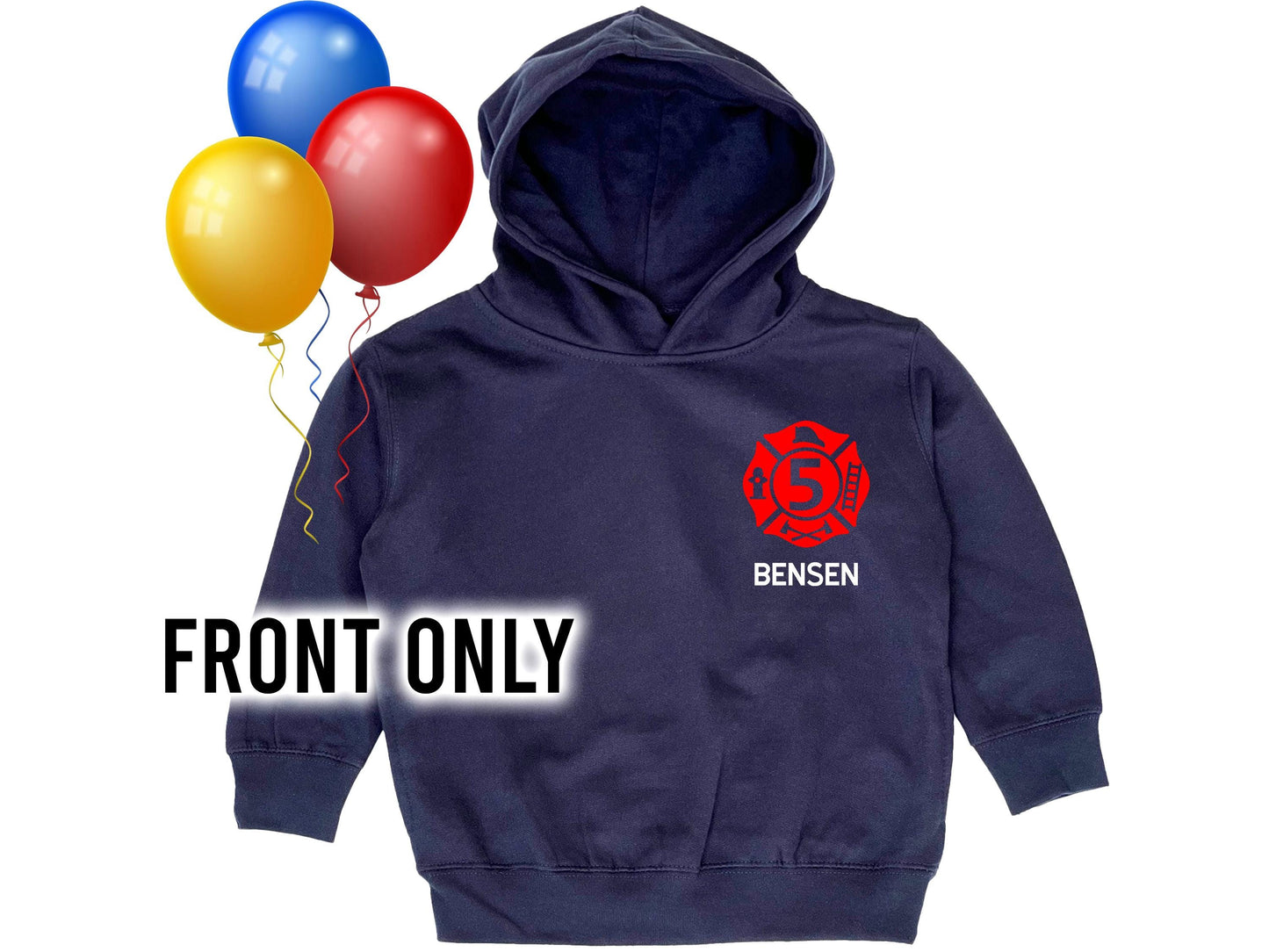 Firefighter Birthday Kids Hoodie with Maltese Cross, Child's Age, and Name - Optional Fire Department on Back