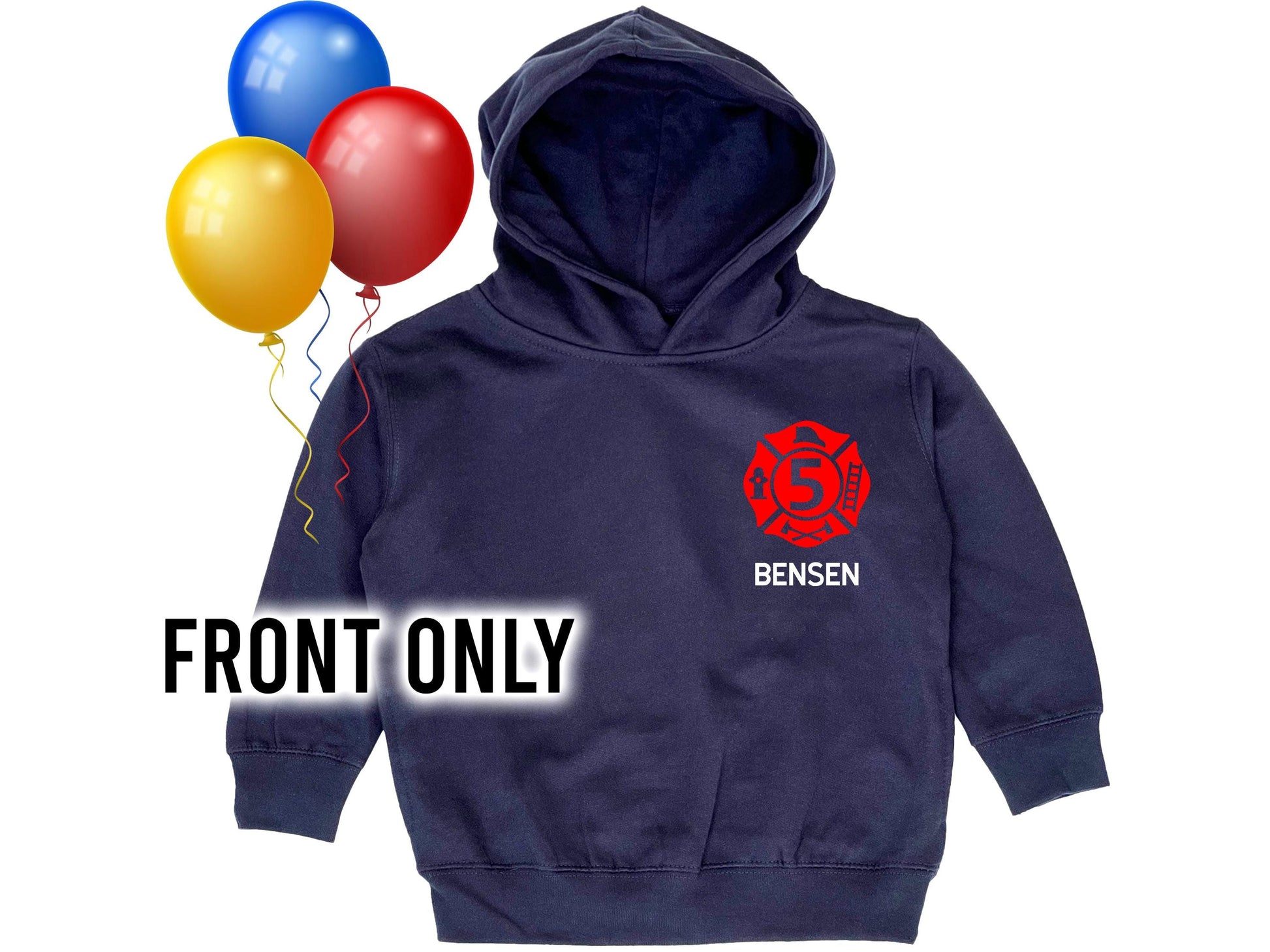 Firefighter Birthday Kids Hoodie with Maltese Cross, Child's Age, and Name - Optional Fire Department on Back