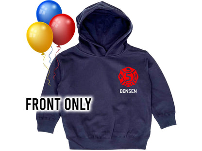 Firefighter Birthday Kids Hoodie with Maltese Cross, Child's Age, and Name - Optional Fire Department on Back