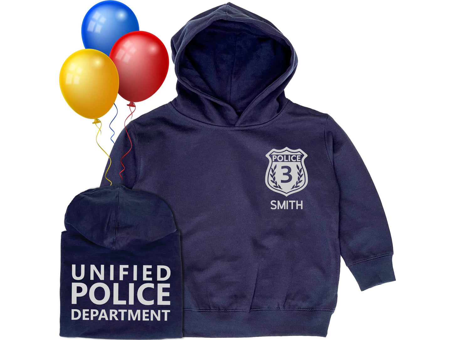 Navy blue hooded sweatshirt with silver police badge that includes the number 3 and the name 'Smith' underneath. The hoodie back says 'Unified Police Department' in silver text.