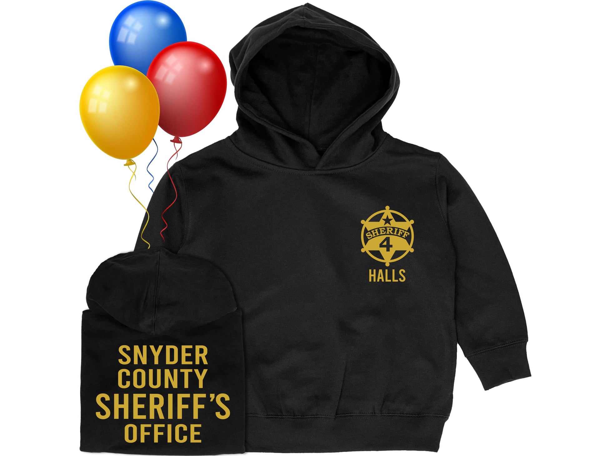 Sheriff Birthday Kids Hoodie with Shield Including Age and Name - Optional County Sheriff's Office on Back