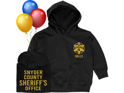 Sheriff Birthday Kids Hoodie with Shield Including Age and Name - Optional County Sheriff's Office on Back