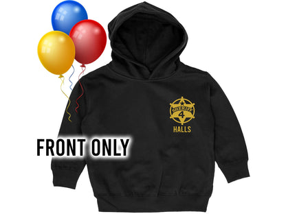 Sheriff Birthday Kids Hoodie with Shield Including Age and Name - Optional County Sheriff's Office on Back