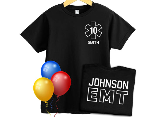 Birthday EMT or EMS Youth T-Shirt with Star of Life, Age and, Name - Optional Name, Department or City on Back