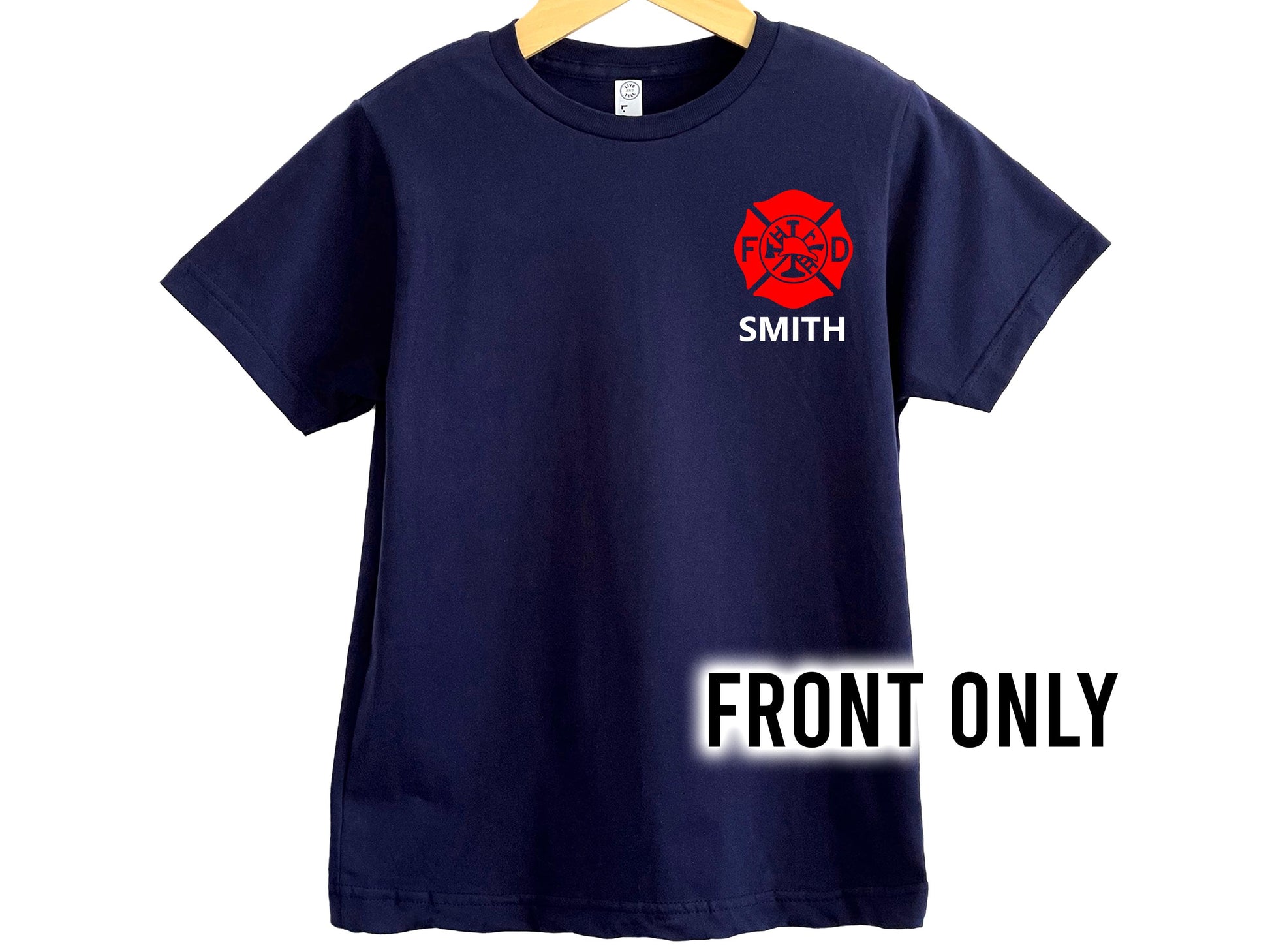 Front view of navy blue T-shirt with red Maltese cross on left chest with personalized name underneath in white.