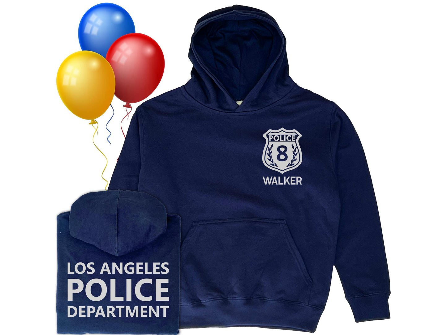 Navy blue youth hoodie featuring a silver police badge emblem on the front with the number placeholder for child's age, and the name  placeholder for Child's name, back displays Custom police department text in silver