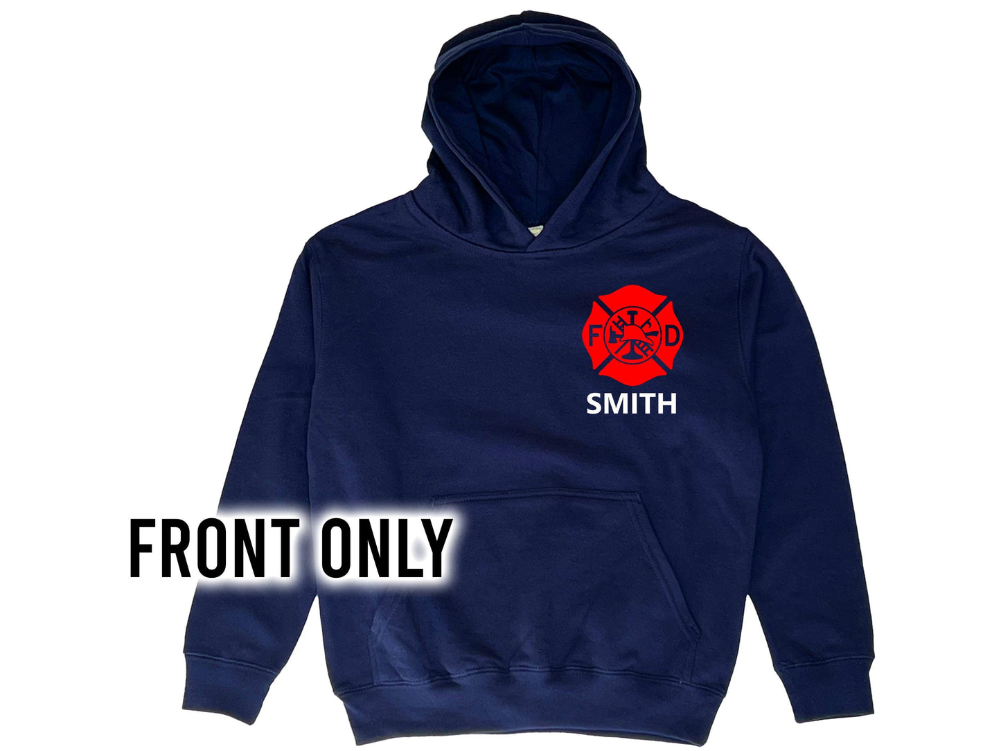 Navy blue hooded sweatshirt in youth sizes with red Maltese Cross on the front. The youth's name is under the Maltese Cross. The hoodie has a large front pocket for both hands.