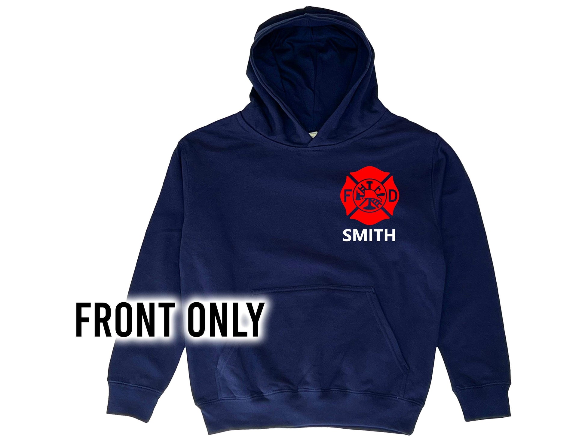 Navy blue hooded sweatshirt in youth sizes with red Maltese Cross on the front. The youth's name is under the Maltese Cross. The hoodie has a large front pocket for both hands.