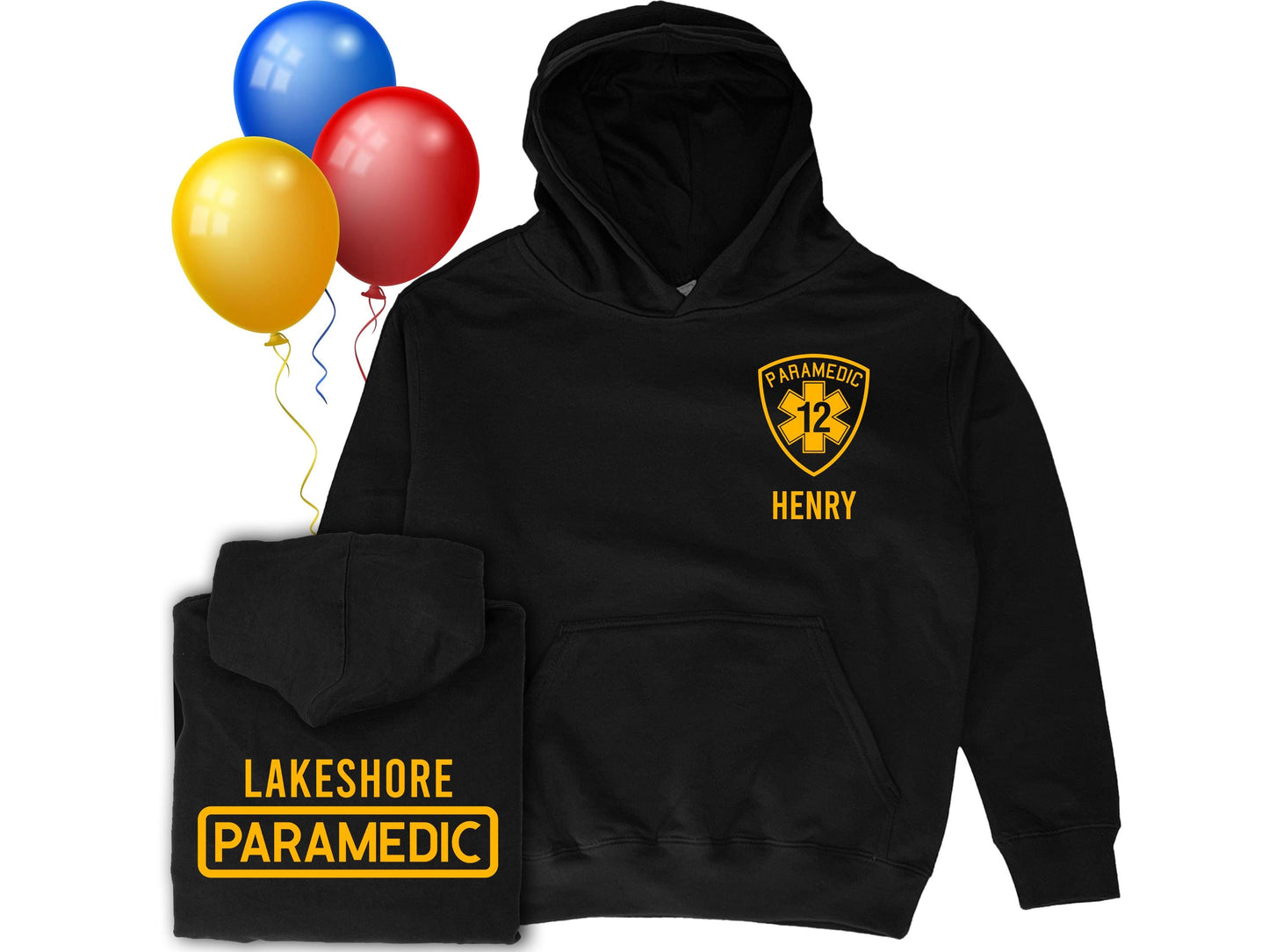 Birthday Paramedic Youth Hoodie with Star of Life, Age, and Name - Optional City or Department on Back
