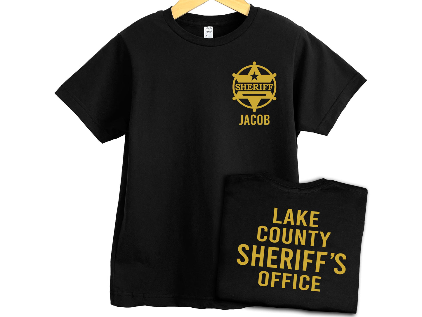 Sheriff Black Youth T-Shirt with Badge and Personalized Name - Optional Sheriff's Office or Other Text on Back