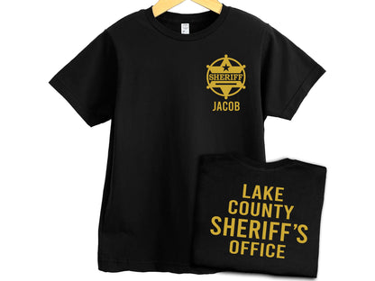 Sheriff Black Youth T-Shirt with Badge and Personalized Name - Optional Sheriff's Office or Other Text on Back