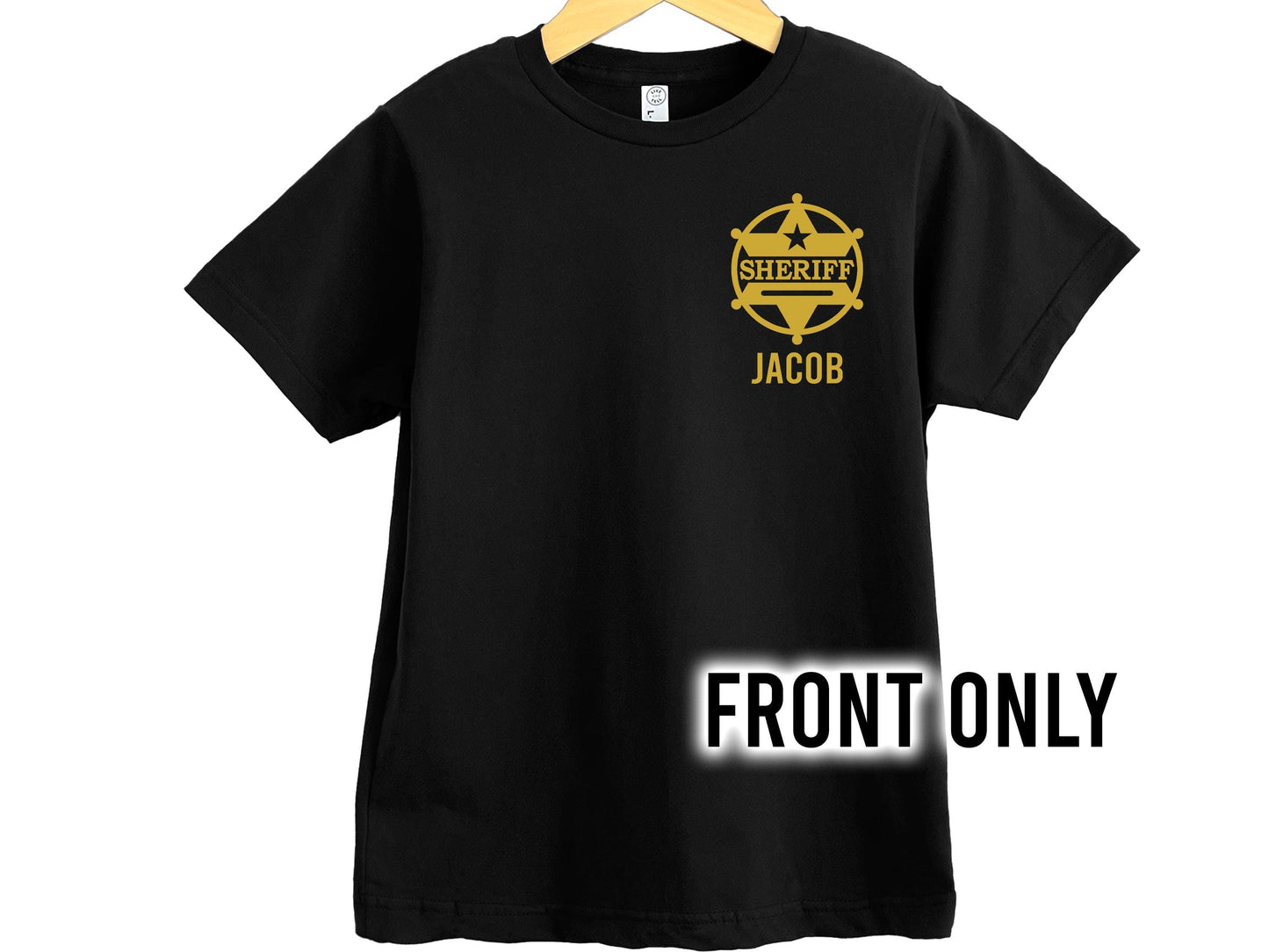 Sheriff Black Youth T-Shirt with Badge and Personalized Name - Optional Sheriff's Office or Other Text on Back