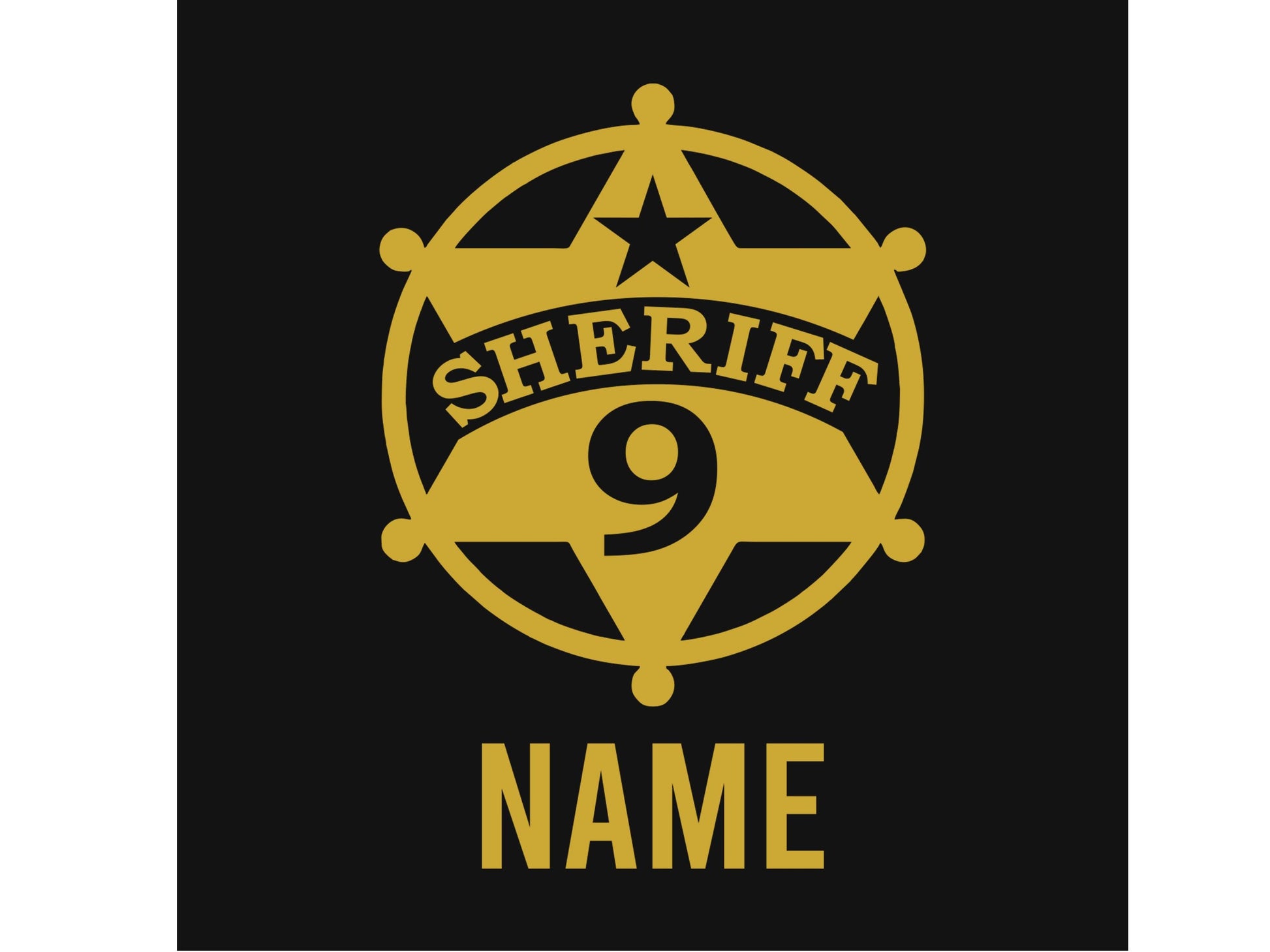Close up detail of gold sheriff's badge with birthday age and name underneath on a black background.