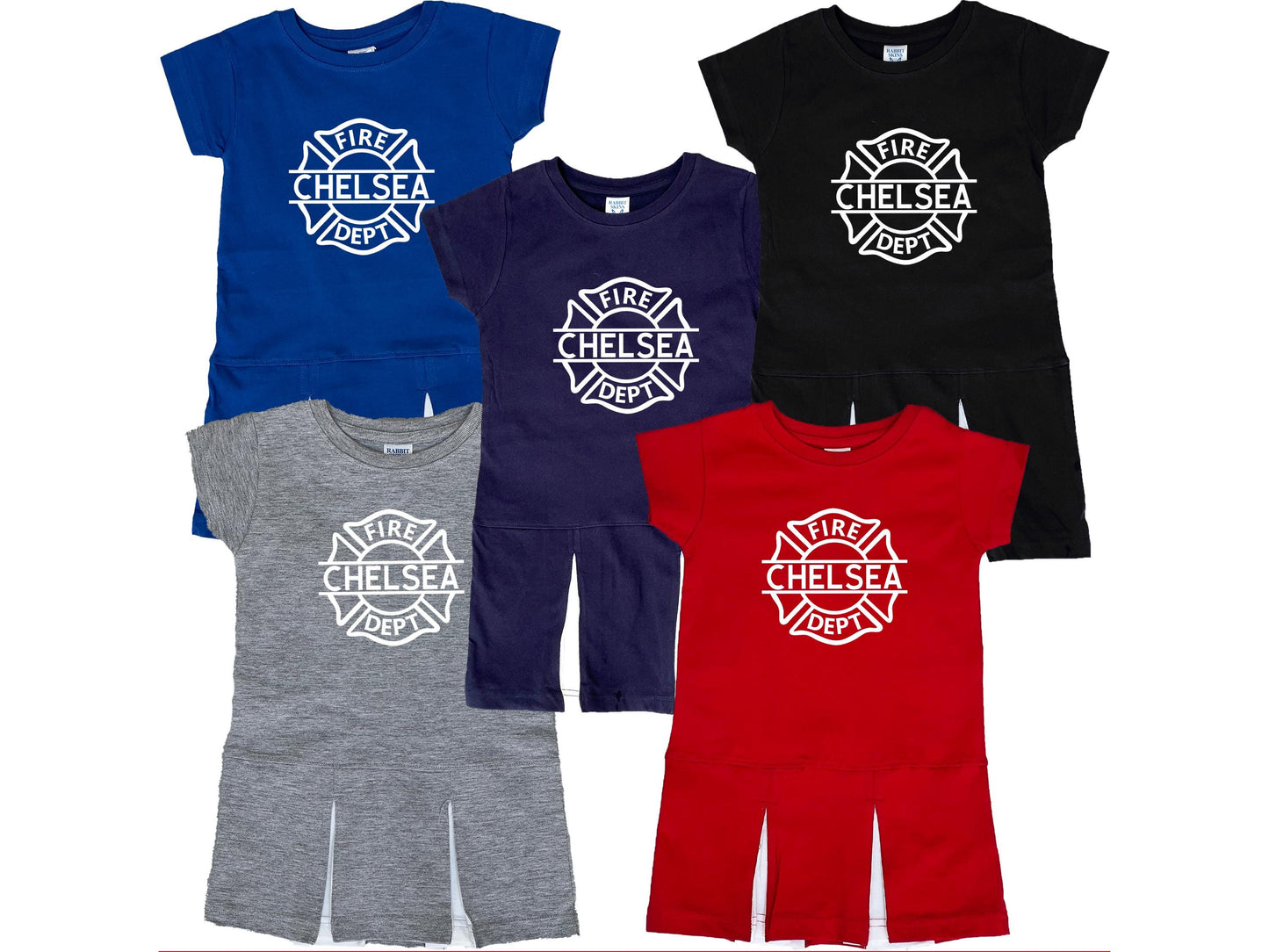 Collection of short sleeve pleated dresses in Royal blue, gray, navy blue, black, and red with white Maltese cross that says fire dept and custom make through the center.
