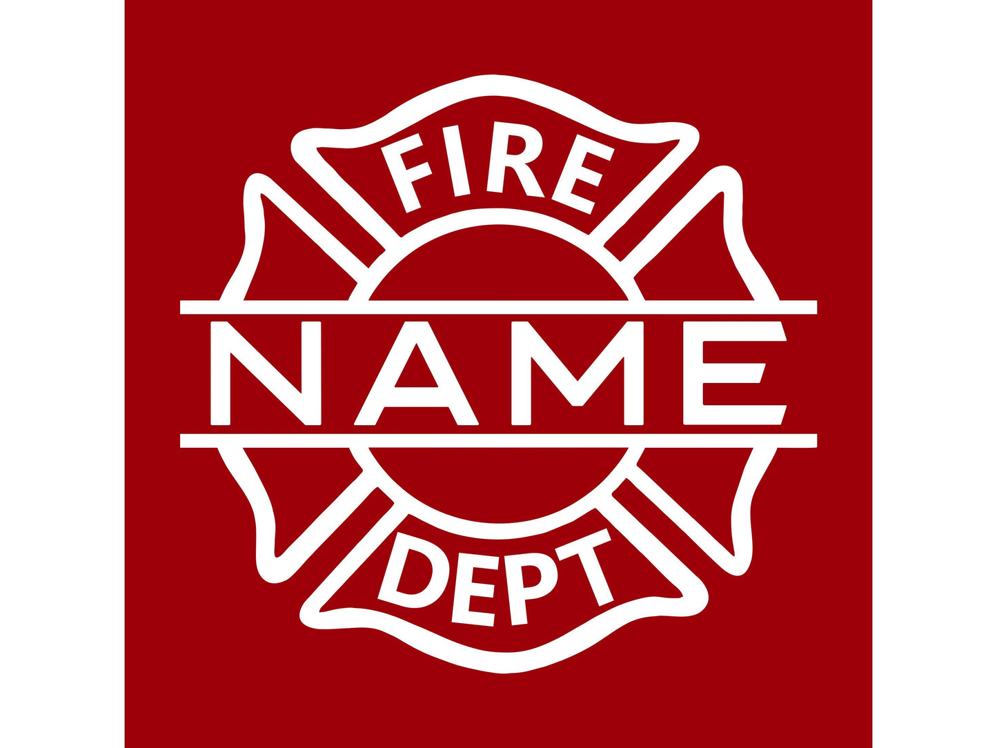 Closeup of white Maltese cross with text Fire Dept on top and bottom and “Name” across the middle indicating custom option on a red background.