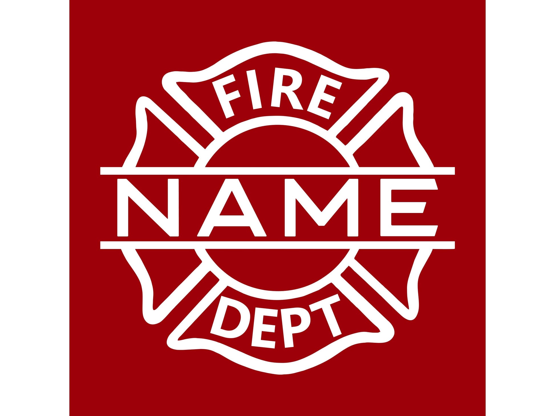 Closeup of white Maltese cross with text Fire Dept on top and bottom and “Name” across the middle indicating custom option on a red background.