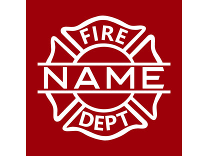Closeup of white Maltese cross with text Fire Dept on top and bottom and “Name” across the middle indicating custom option on a red background.