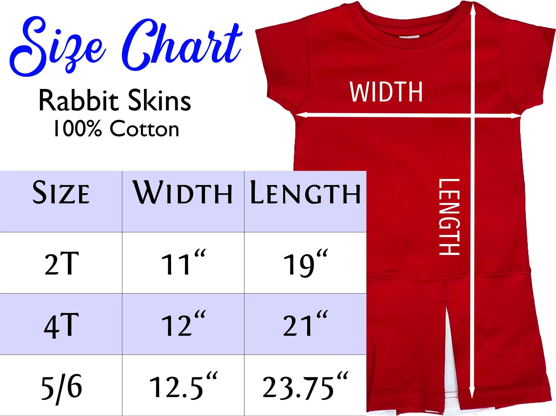 Size chart for rabbit skins cotton short sleeve  pleated t-shirt dress. Includes width and length for each size to aid in selecting the correct size.