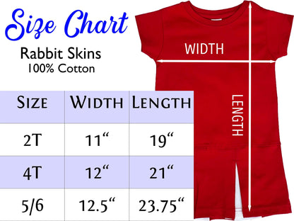 Size chart for rabbit skins cotton short sleeve  pleated t-shirt dress. Includes width and length for each size to aid in selecting the correct size.