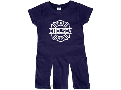 Navy blue short sleeve pleated dress with with Maltese cross that says fire dept and custom make through the center.