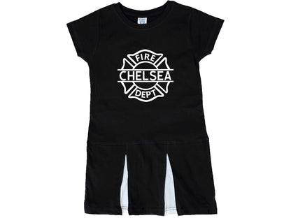 Black short sleeve pleated dress with white Maltese cross that says fire dept and custom make through the center.