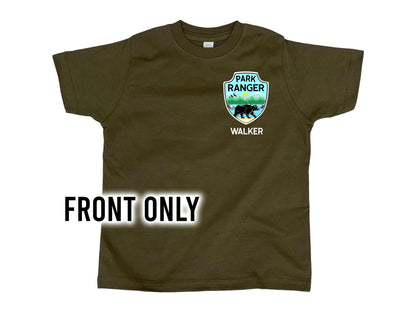 A green short-sleeved t-shirt with a blue and white park ranger logo. The logo has a bear, trees, and the text 'Park Ranger' and 'Walker' underneath.