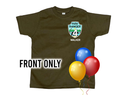Military green kid's t-shirt with park ranger badge. Includes child's name and age. Perfect for birthday gift giving.