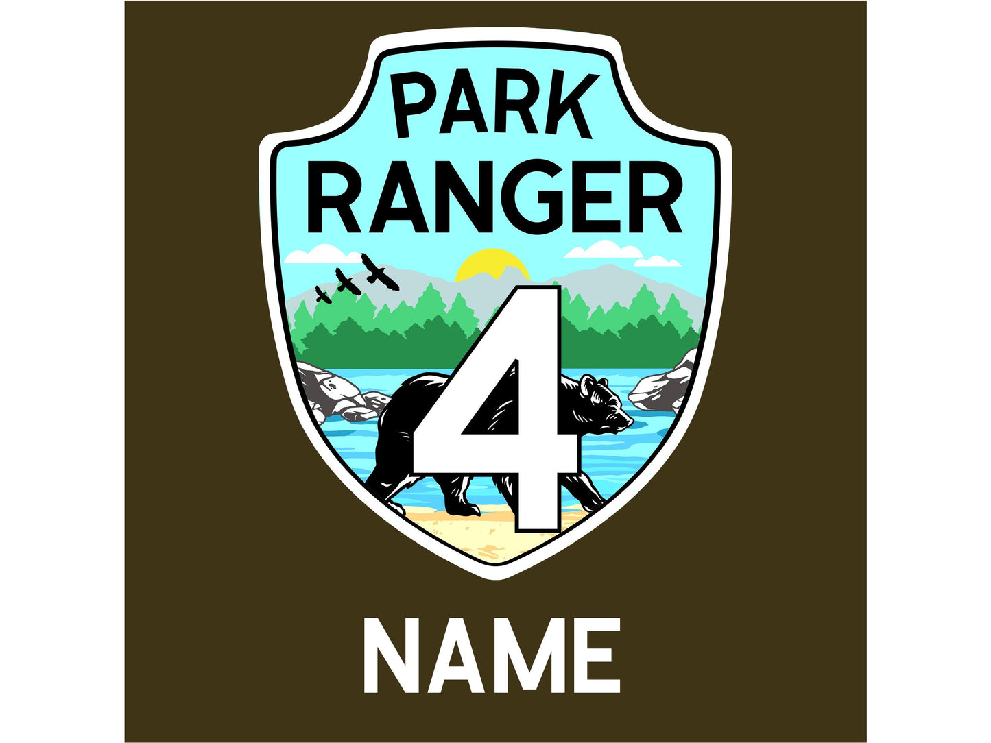 Close up of Park Ranger badge including the number 4 for a child's age and a name written below. Shown on military green fabric.
