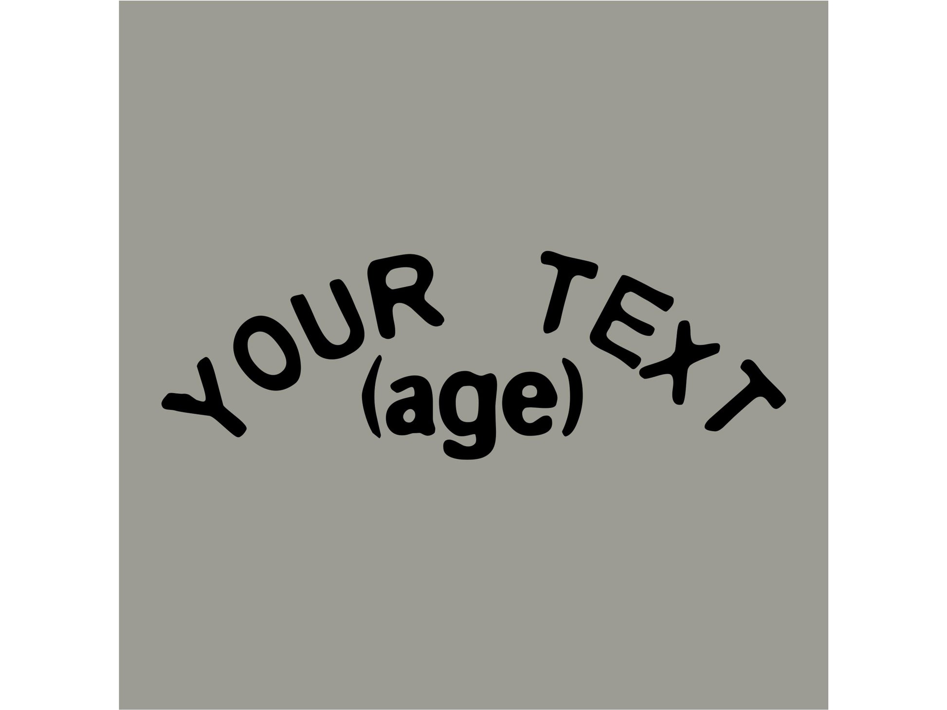 Back shirt detail showing gray background with placeholder for "your text" and placeholder for "age".