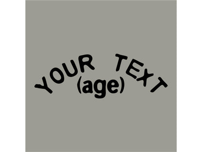 Back shirt detail showing gray background with placeholder for "your text" and placeholder for "age".