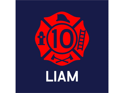 Close up of Red Maltese Cross with NAME in white text underneath on a navy blue background fabric.