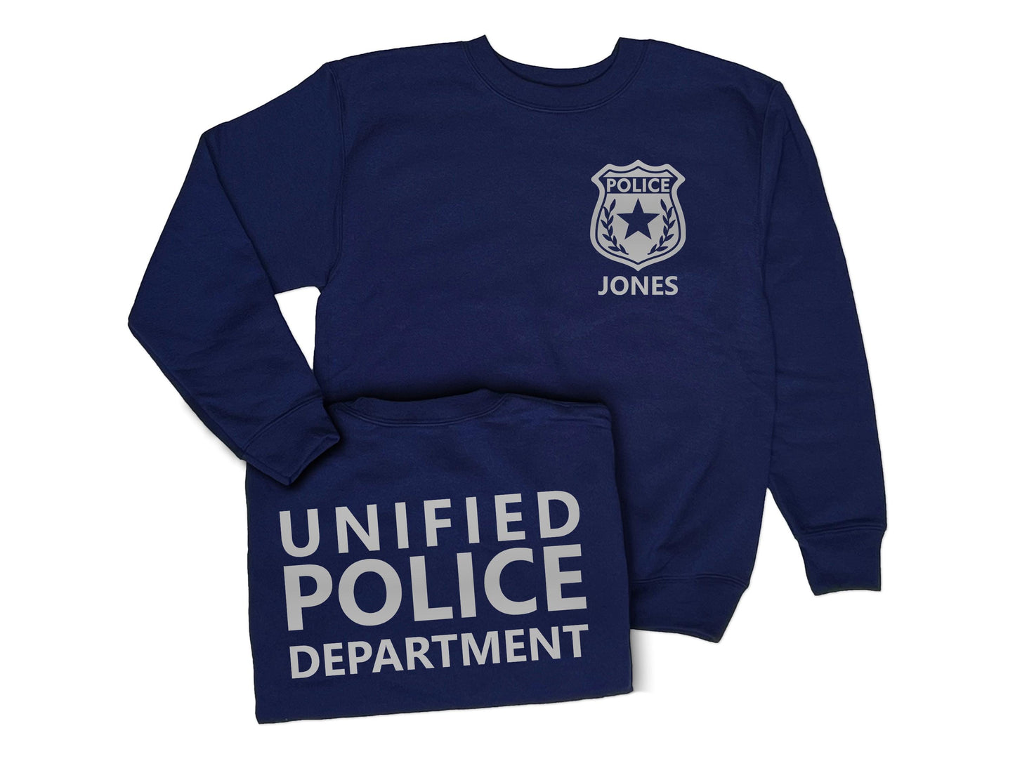A navy blue youth sweatshirt with a silver police badge on the front that says 'POLICE' and 'JONES'. The back of the sweatshirt says 'UNIFIED POLICE DEPARTMENT' in silver text.